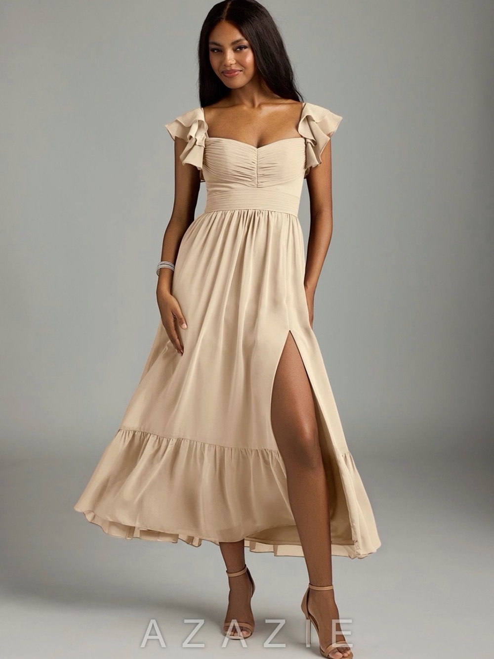 Azazie Anaya Cream Ruffle-Sleeve Midi Dress with Side Slit